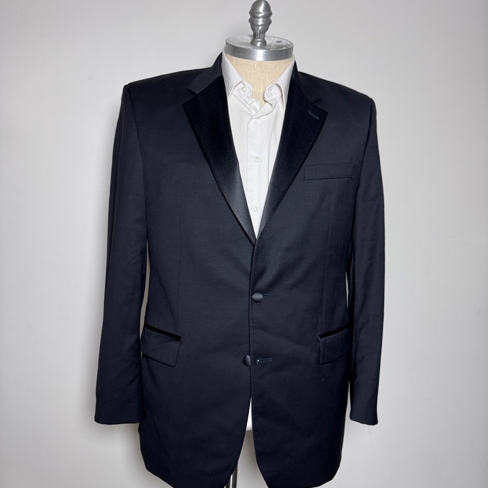 Calvin Klein Tuxedo Blazer Mens 44L Black Solid Peak Lapel Wool Formal Jacket